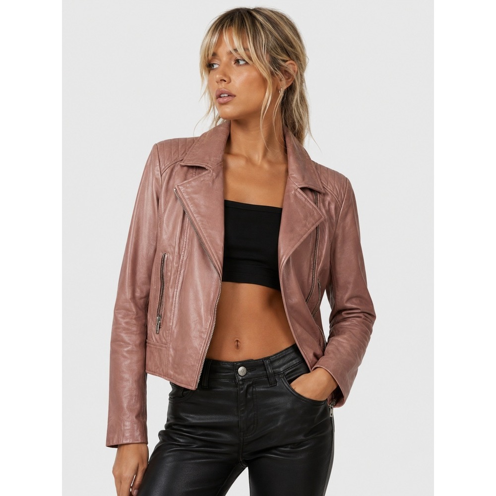 BB Dakota Genuine Leather Wild Ride Rose Taupe Pink Moto Jacket XS